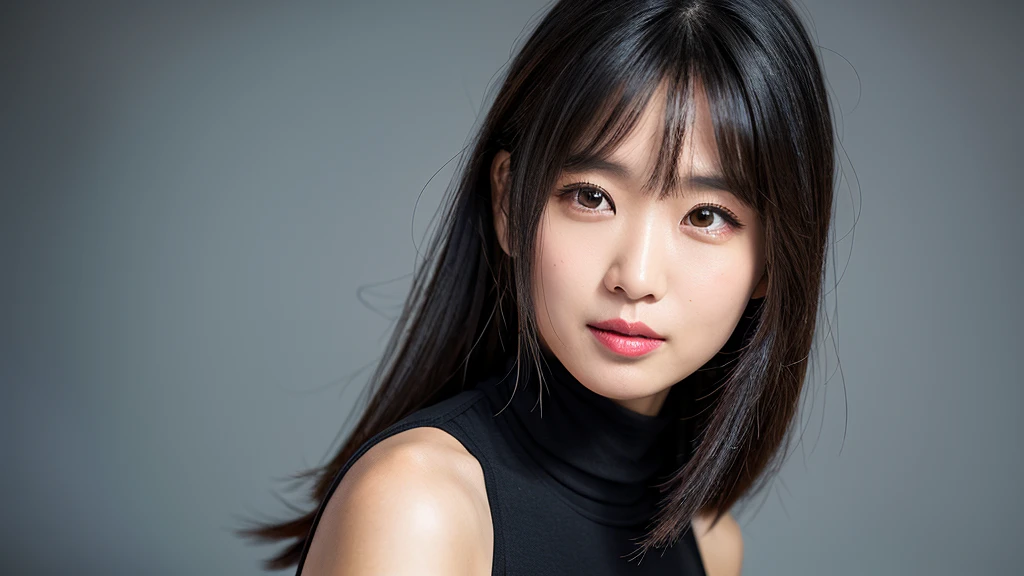(Detailed face),(vivid),Larger breasts,A lightweight sleeveless dress with a black and white striped turtleneck,4K,Ultra-high resolution,(Photorealistic:1.7),Gray background,Black long hair,