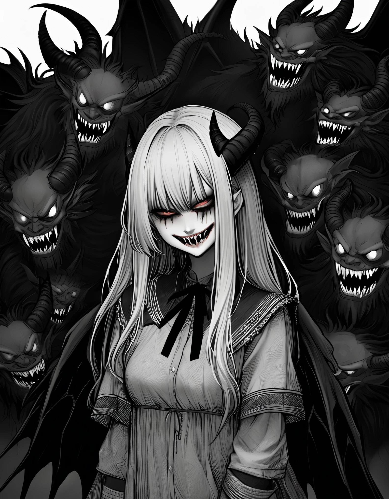 one_eyed, a demon with a huge head, slender body, a single eye, ragged and dirty tunic, elongated fingers, extremely large mouth with sharp white fangs, two small horns on the head and small wings next to them, one-eyed evil gaze , hellish deep.