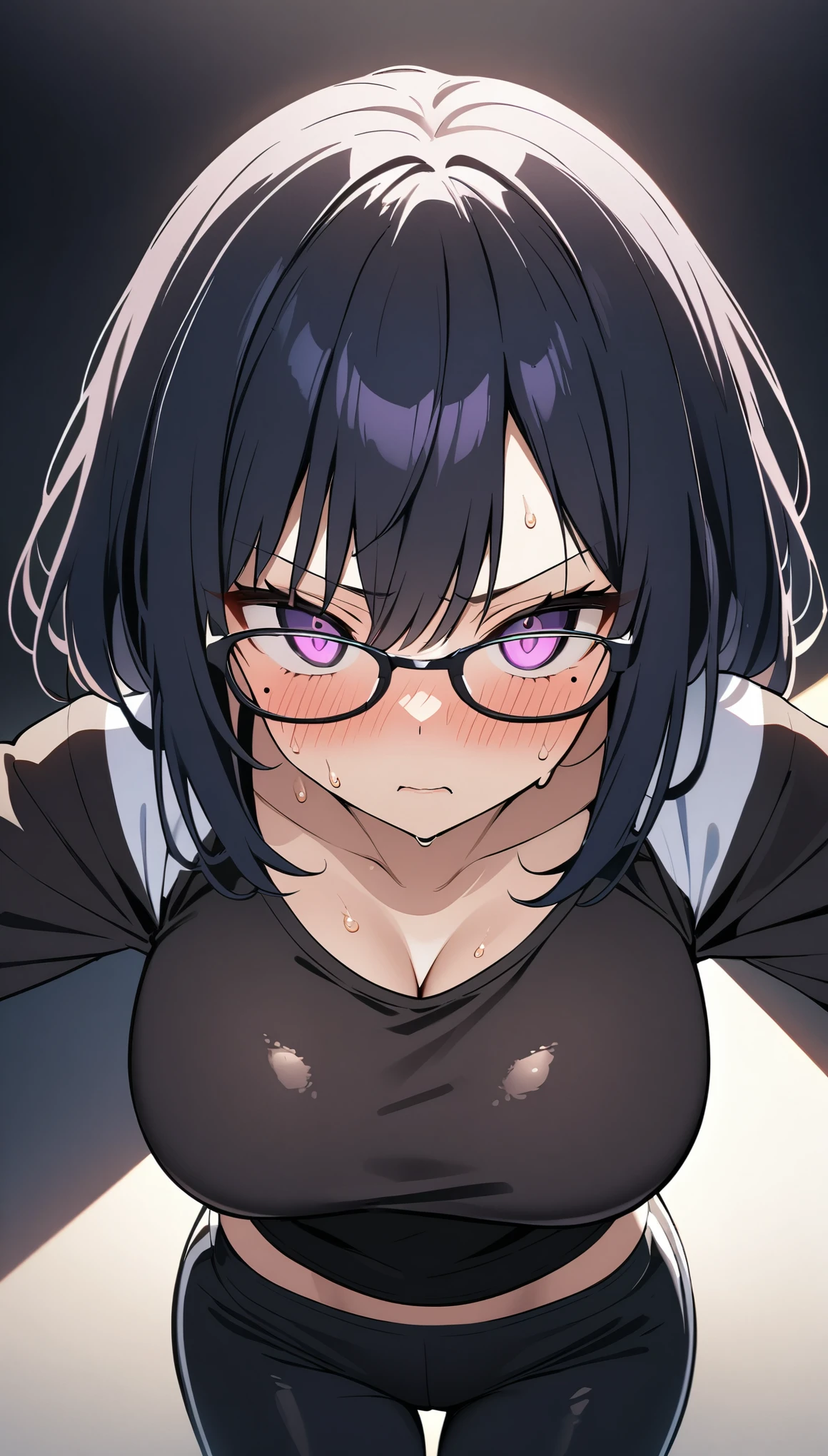 (Highest quality),(masterpiece), 8k,Very detailed, Detailed light, Best Shadow,Detailed reflective eyes, Very detailedな顔,Shiny Hair,Big Breasts,(1 girl:1.2),woman,Gloss,Black Hair,Embarrassed,blush,(Hollow Eyes:1.2),(Condescending:1.2),Crazy Eyes,Beautiful fingers,Beautiful Hands,whole body,Black-rimmed glasses,Purple eyes,Cool,Glossの無い目,(Eye power:1.2),(脇Sweat:1.2),(Sweat:1.4),(black training wear:1.2),(medium length hair:1.2),(black sports bra:1.2),(black shorts pants:1.2),Slender,oily skin,mole under eye,