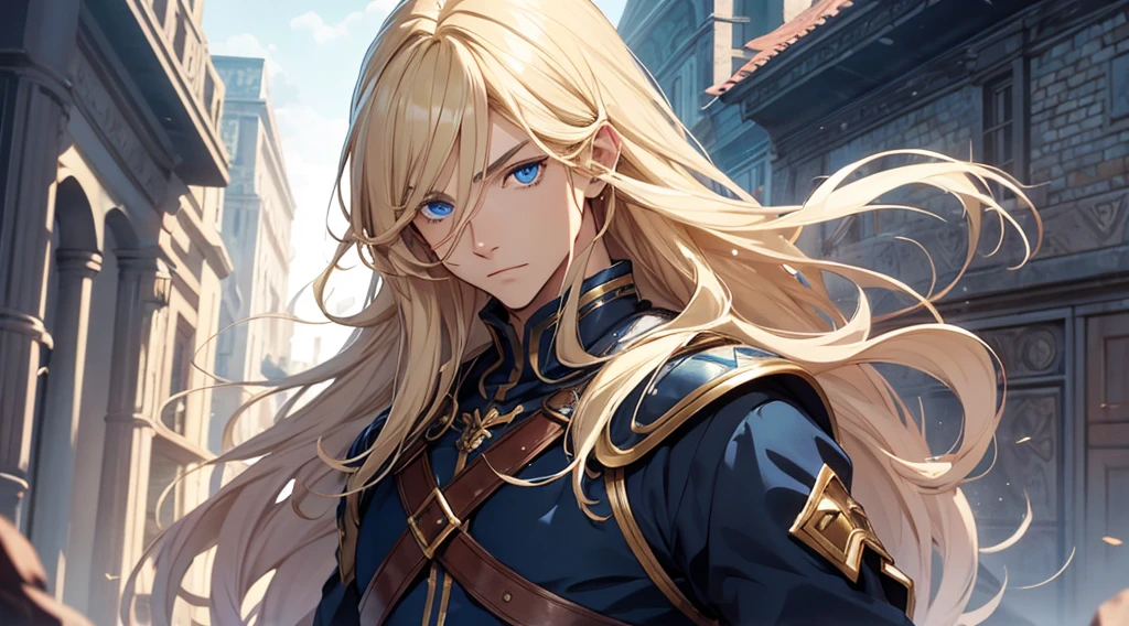 1man, best quality, expressive eyes, perfect face, long hair, blonde hair, androgynous male, blue eyes, fantasy adventurer outfit, fleeing