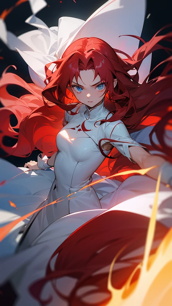 anime character. An 18-year-old female with long red wavy hair and blue eyes, her eyes are sharp. Wearing a plain white dress with a little bloodstain, is in a dark room, and in her hand there is the power of fire. studio ufotable