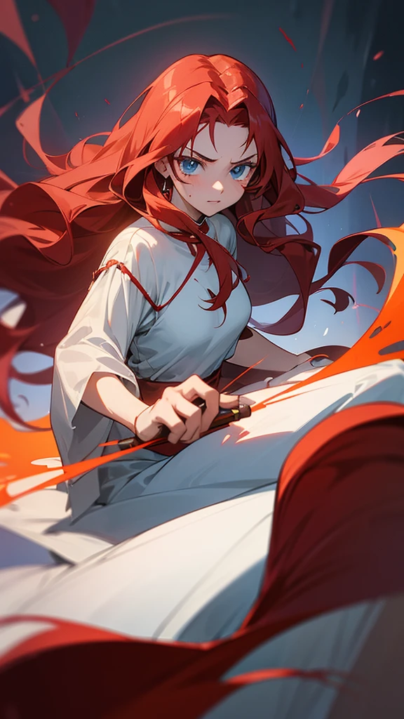 anime character. An 18-year-old female with long red wavy hair and blue eyes, her eyes are sharp. Wearing a plain white dress with a little bloodstain, is in a dark room, and in her hand there is the power of fire. studio ufotable