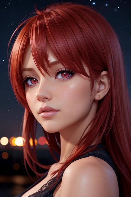 One girl, Star Eye, blush, Perfect lighting, Redhead, Red eyes, Unreal Engine, Side light, Detailed face, bangs, Light Skin, Simple Background, Night Background,