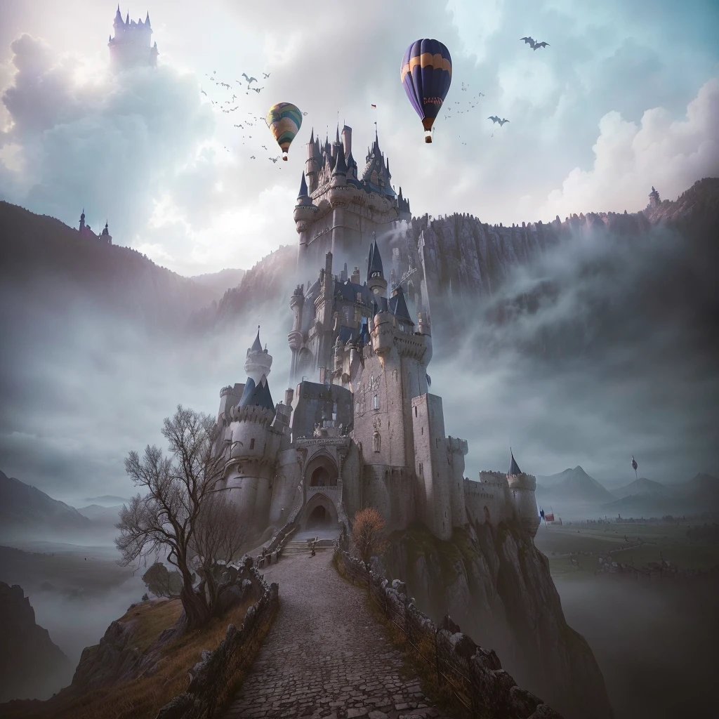 there are many hot air balloons flying over a castle on a hill, misty castle, castles floating in mid air, beautiful rendering of a fairy tale, flying castle, medieval fantasy landscape, matte painting in fantasy style, Bats flying away from the castle, flying cloud castle, epic castle with tall towers, scary castle). mystic, dark pastel castle background, dreamy matte painting, fantasy castle