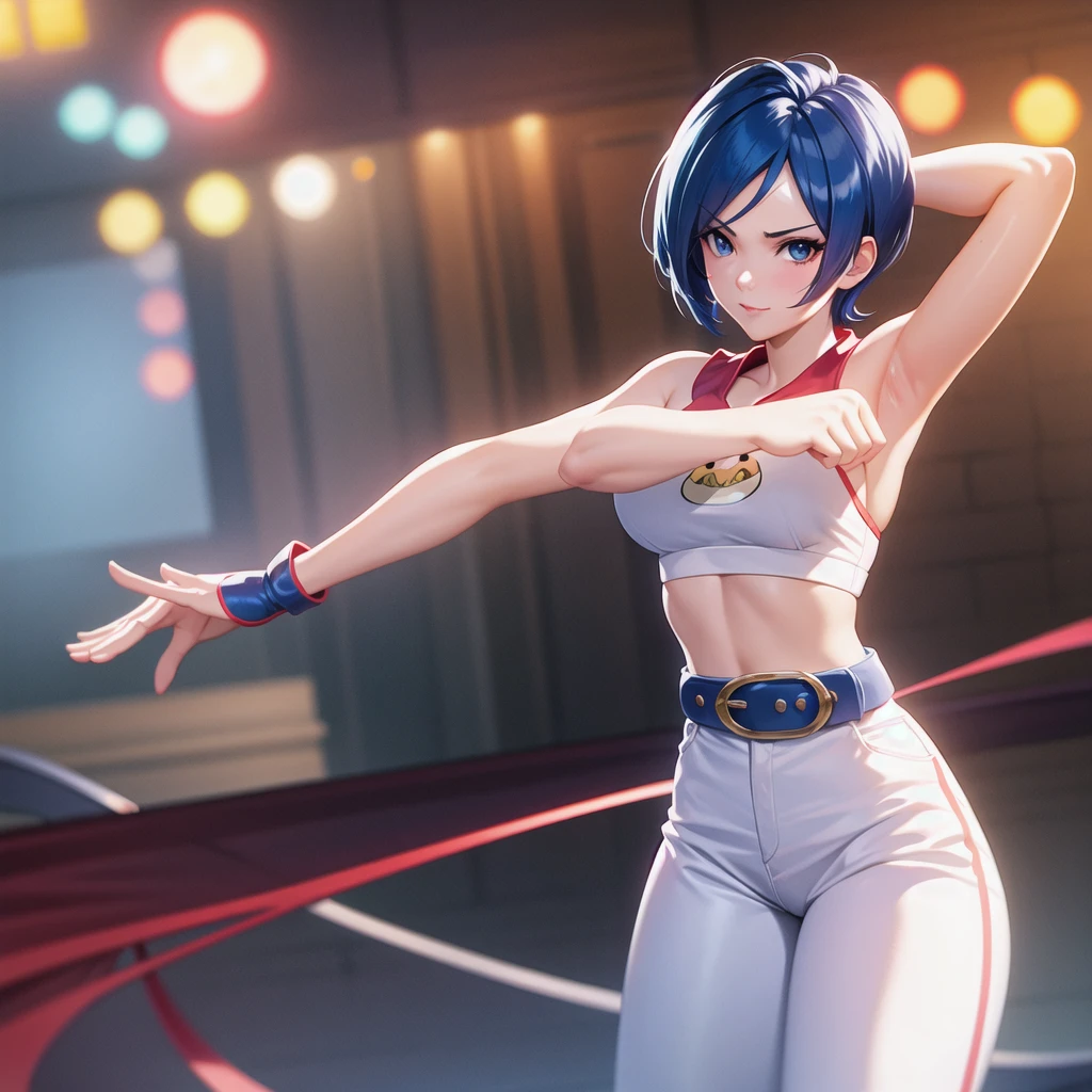 (at night), alone, in a video game scene a background of a beautiful city during the day raining, standing at attention, semi-short blue hair, anime frog face blouse, white flared pants, wears blue exercise gloves, has round glasses on her head, WEARS a RED scarf around her neck, huge belt with big round evilla, ((blue hair)), 1 girl, alone, 20 years old, young woman, perfect hands, beautiful and perfect fingers, long legs beautiful, perfect legs, beautiful body, beautiful nose, beautiful character design, perfect face, look at the viewer with serious gesture and in attack position (focusing on his face), closed mouth, Light_Smile, official art, CG unity wallpaper Extremely detailed 8k, perfect lighting, bright and colorful front lighting, glowing skin (masterpiece: 1.0), (best_quality: 1.0), ultra-high resolution, 4K, ultra-detailed photography, 8K, HDR, high resolution, nonsense: 1.2, Kodak portra 400, film grain, blurred background, bokeh: 1.2, lens flare, (vibrant_color:1.2), professional photography, (beautiful_face: 1.5), (narrow waist),
