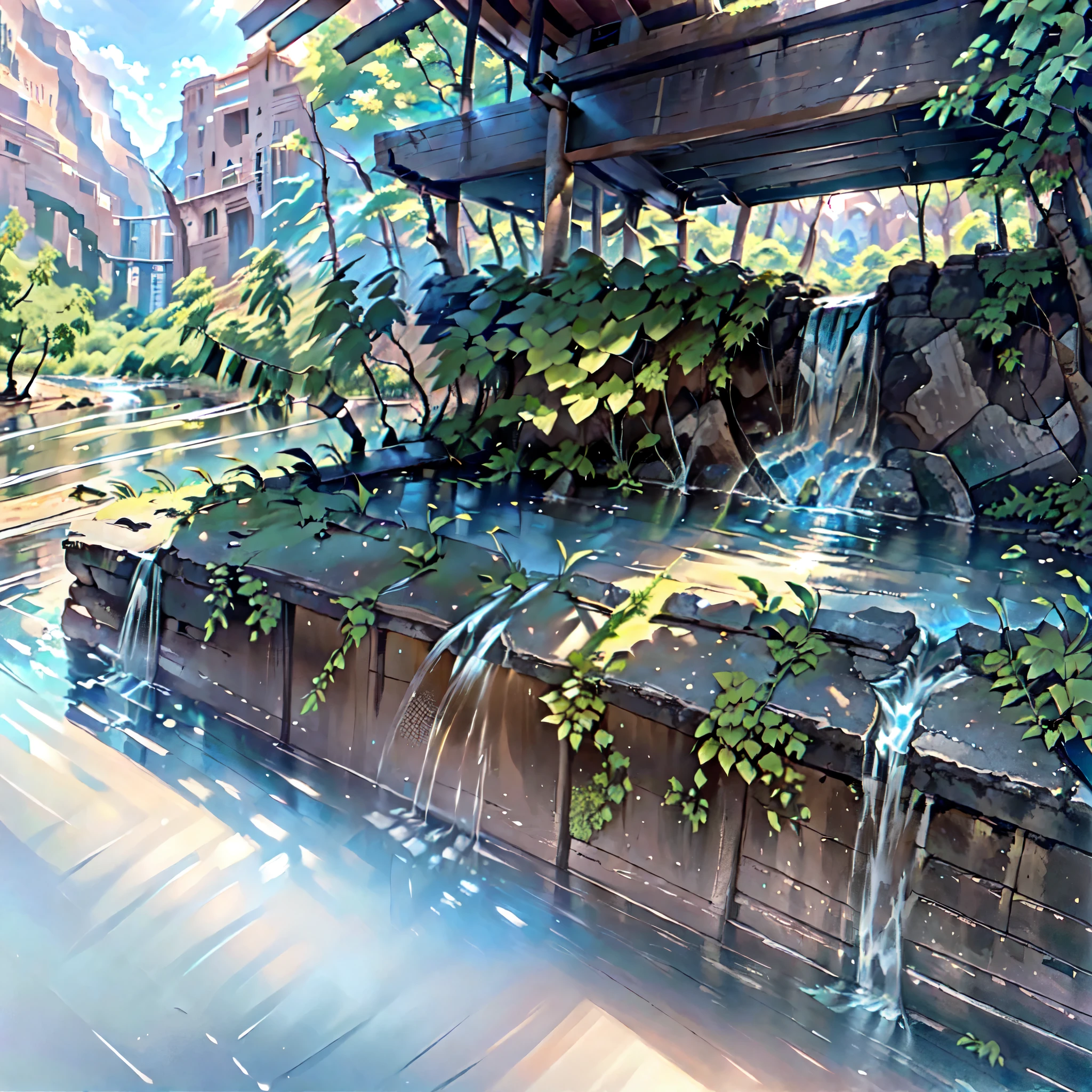 A small waterfall flows under a bridge in the forest., mysterious canyon stream, Waterfall Cave, Cave with waterfall, In the canyon, Canyon in the mountains, Between the canyons, Stunningly beautiful, Lower waterfall, deep chasm, Water flow, Hayao Miyazaki, beautiful girl