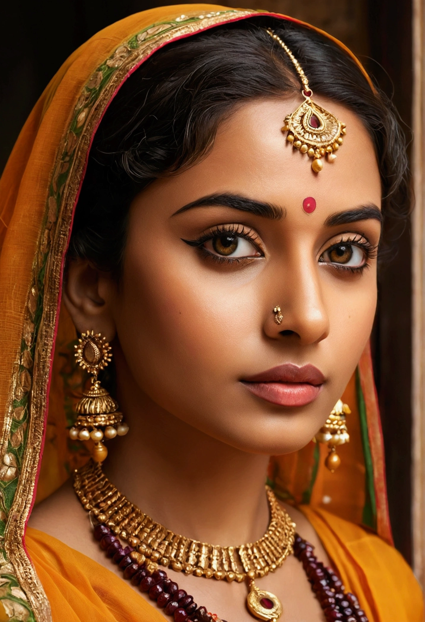 beautiful bengali woman, dark turmeric dress, portrait, beautiful detailed eyes, beautiful detailed lips, extremely detailed eyes and face, long eyelashes, glowing skin, warm lighting, intricate jewelry, vibrant colors, realistic, photorealistic, photo-realistic:1.37, best quality,8k,masterpiece:1.2,ultra-detailed