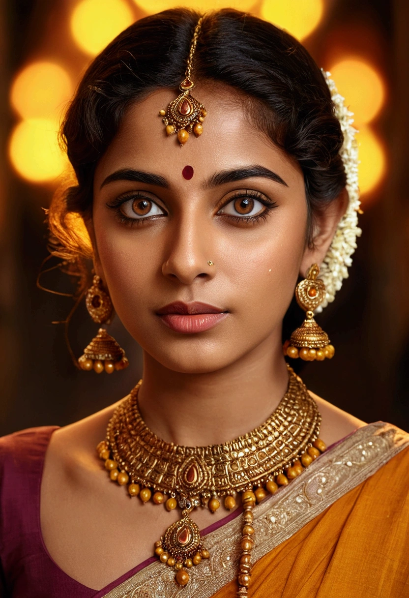 beautiful bengali woman, dark turmeric dress, portrait, beautiful detailed eyes, beautiful detailed lips, extremely detailed eyes and face, long eyelashes, glowing skin, warm lighting, intricate jewelry, vibrant colors, realistic, photorealistic, photo-realistic:1.37, best quality,8k,masterpiece:1.2,ultra-detailed