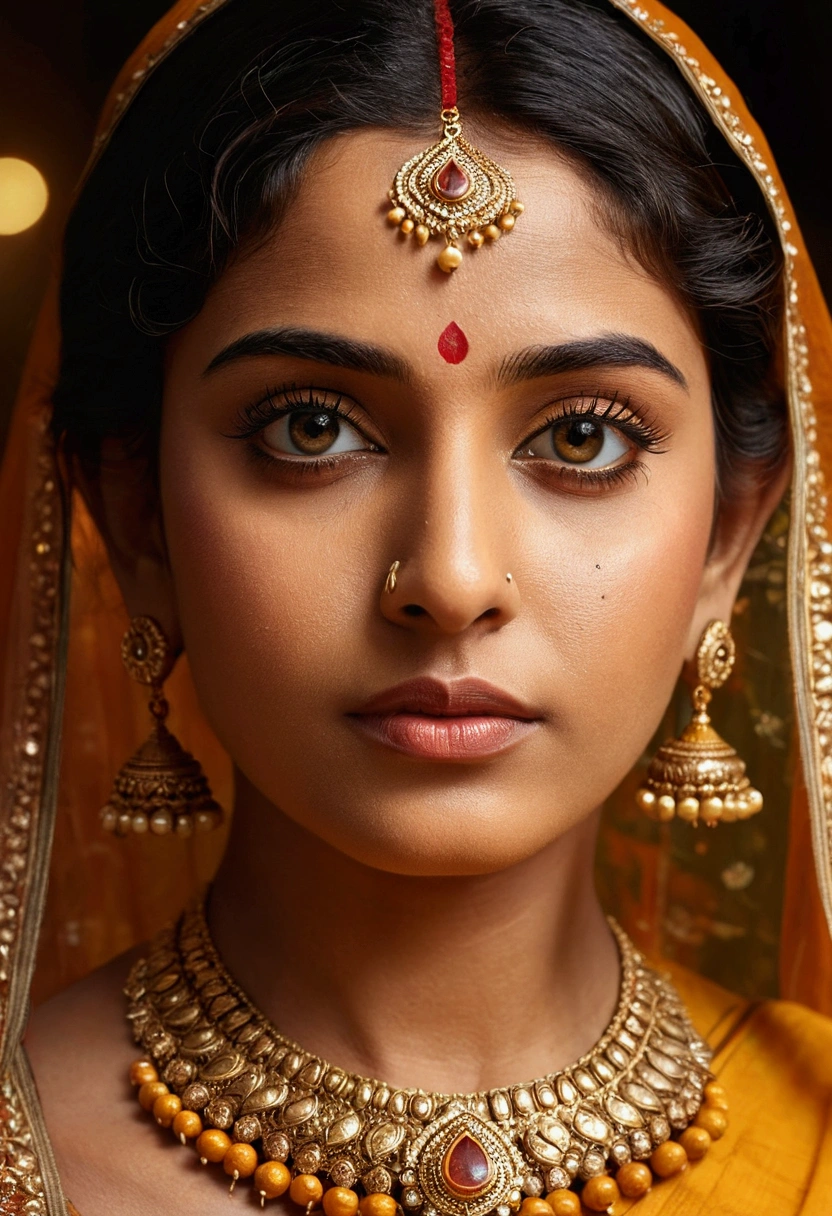 beautiful bengali woman, dark turmeric dress, portrait, beautiful detailed eyes, beautiful detailed lips, extremely detailed eyes and face, long eyelashes, glowing skin, warm lighting, intricate jewelry, vibrant colors, realistic, photorealistic, photo-realistic:1.37, best quality,8k,masterpiece:1.2,ultra-detailed