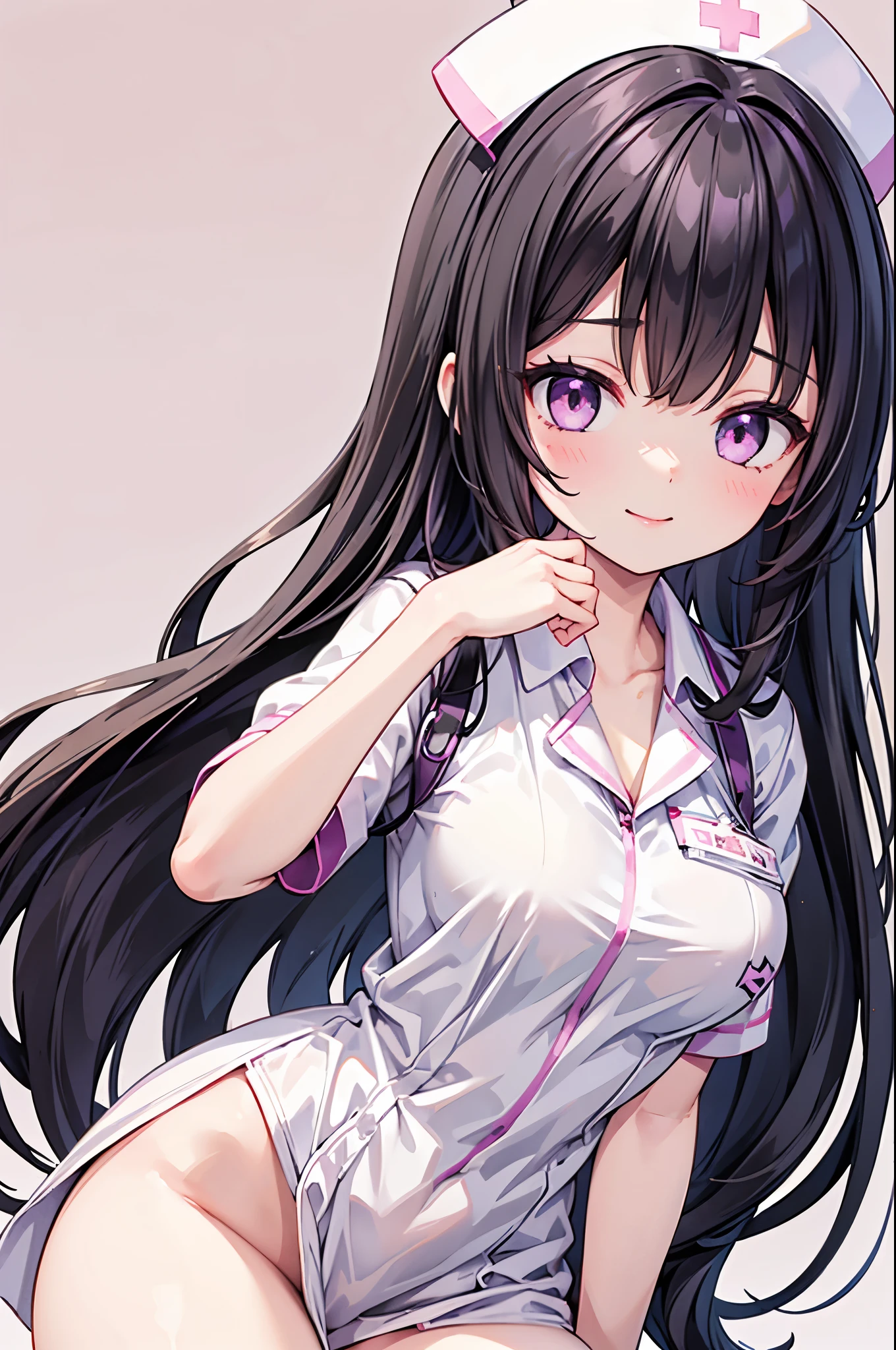 high resolution,smile,woman,woman1人,adult,cute, Black Hair,BREAK, Purple eyes,BREAK,
Nurse uniform,BREAK,Facing forward,BREAK,Pink background,