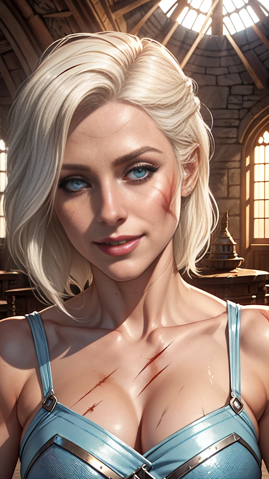 Ciri from the Witcher, ((flowing platinum blonde hairstyle)), ((light blue eyes)), ((healed long diagonal scar on left cheek)),  face close up, facing camera, face portrait, morning light, ((castle interior)), wide joyous smile