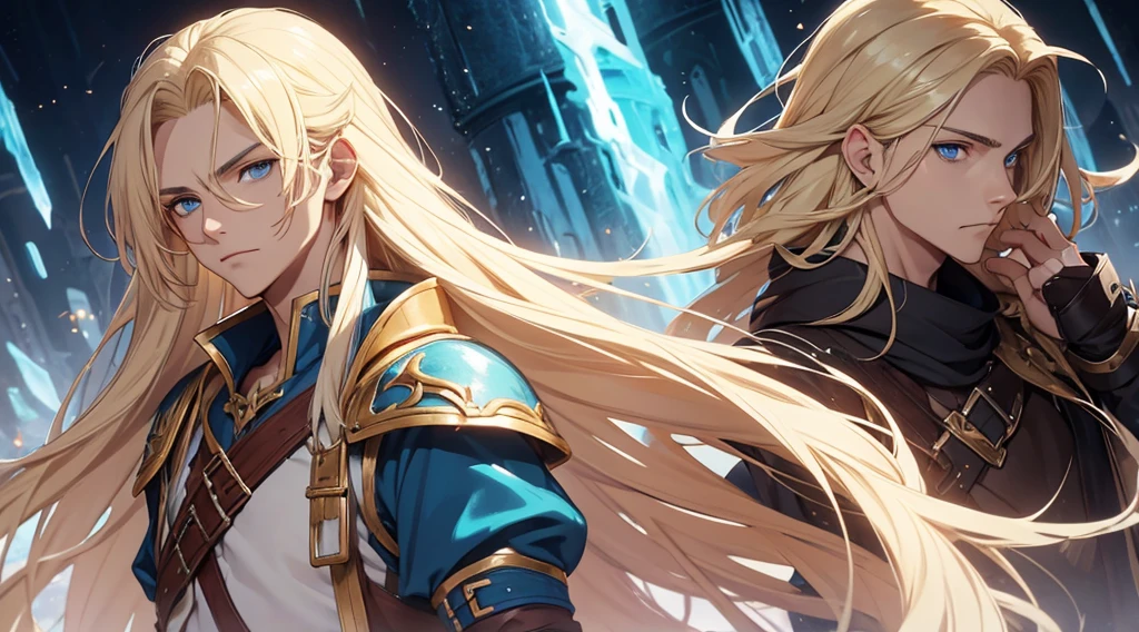 1man, best quality, expressive eyes, perfect face, long hair, blonde hair, androgynous male, blue eyes, fantasy adventurer outfit, express hesitation