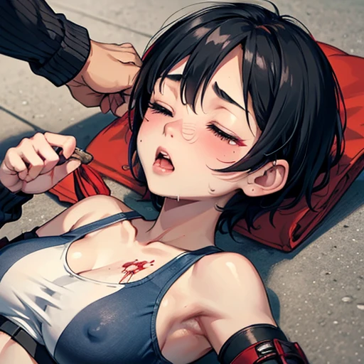 a bloody beautiful young Japanese female streetfighter is beated down in the backstreet. Blood is dripping from her nose. She is covered in scars and bruises. she is lying down. she is damaged terribry. she was defeated. she lost the fight. she was knocked out. Short-cut black hair, out of breath, drooling from mouth, crying, exhausted, drenched in sweat. one eye closed, Erect nipples. open finger glove. denim shorts, sports-bra
