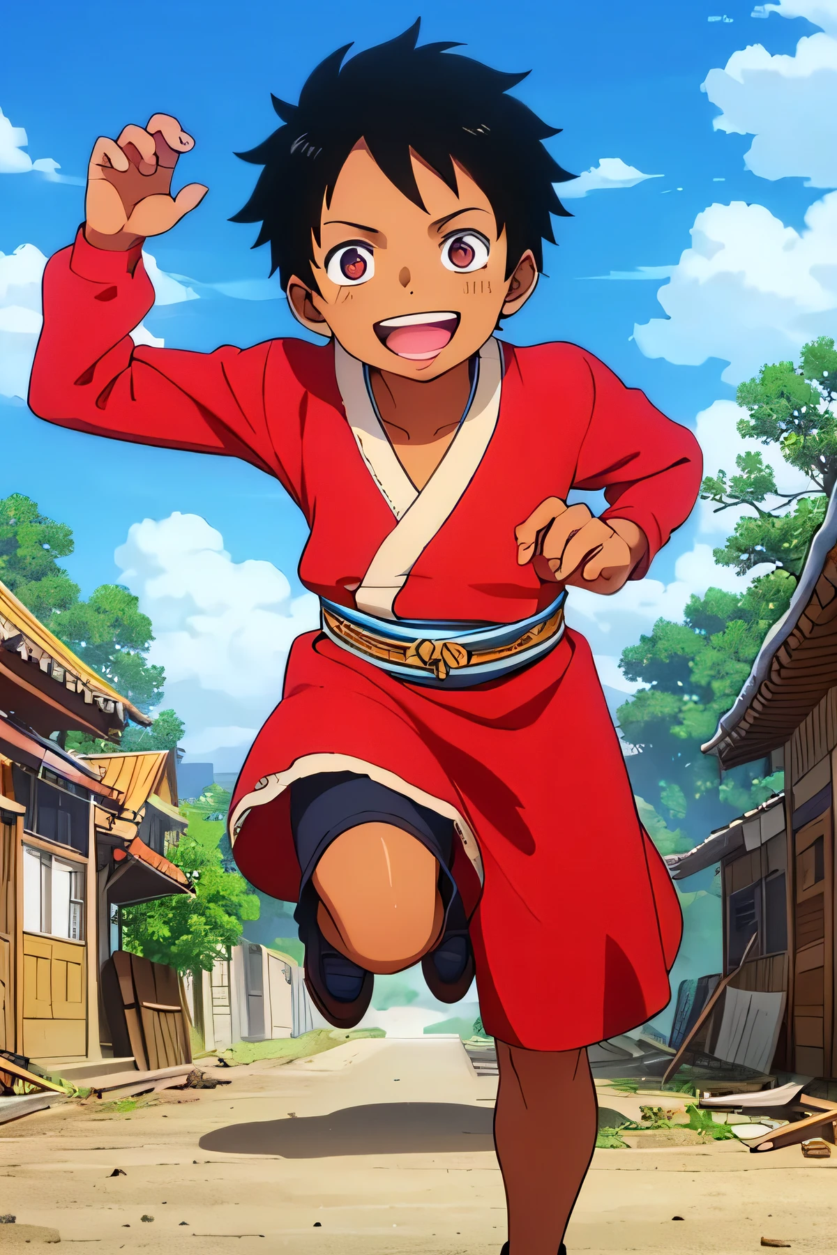 Dark-skinned boy of and beautiful and black hair and beautiful eyes and pretty face and happy and little muscular and in warrior clothes running with the background of a destroyed village
