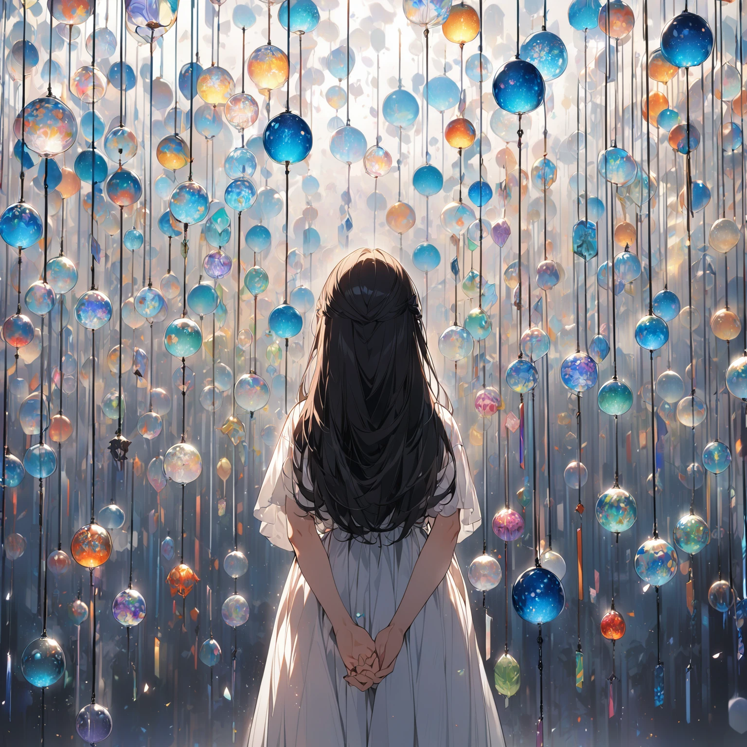 1girl, 独奏, 17yo, cute, pretty, beautiful, black long straight hair, arranged bangs, White dress, Flower pattern colorful glass wind chime, smiling, look up,Backlight、Back view、Put your hands behind your back、masterpiece, best quality, super-fine illustration, official art, 8k,