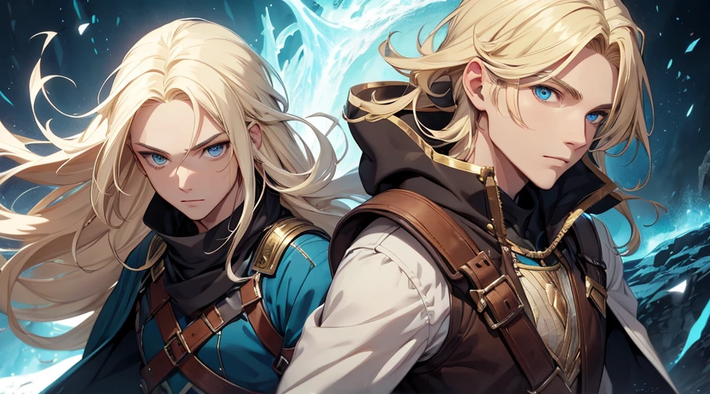 1man, best quality, expressive eyes, perfect face, long hair, blonde hair, androgynous male, blue eyes, fantasy adventurer outfit, seems to hesitate