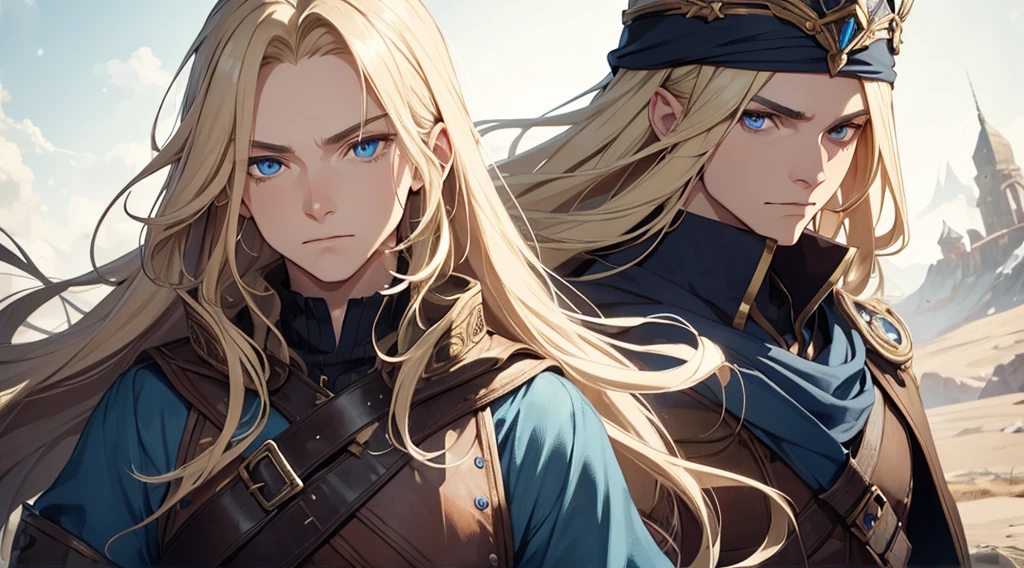 1man, best quality, expressive eyes, perfect face, long hair, blonde hair, androgynous male, blue eyes, fantasy adventurer outfit, seems to hesitate