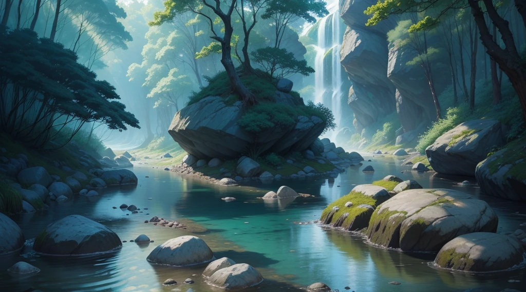 forest, flow, There are many large rocks and small stones near the stream.., Blue Water, Strong running water, Hand-drawn style, Wacom, anime, animeーション, anime style