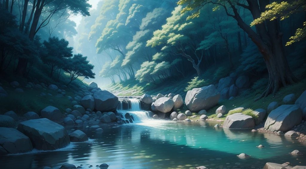 forest, flow, There are many large rocks and small stones near the stream.., Blue Water, Strong running water, Hand-drawn style, Wacom, anime, animeーション, anime style