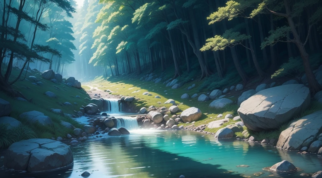 forest, flow, There are many large rocks and small stones near the stream.., Blue Water, Strong running water, Hand-drawn style, Wacom, anime, animeーション, anime style