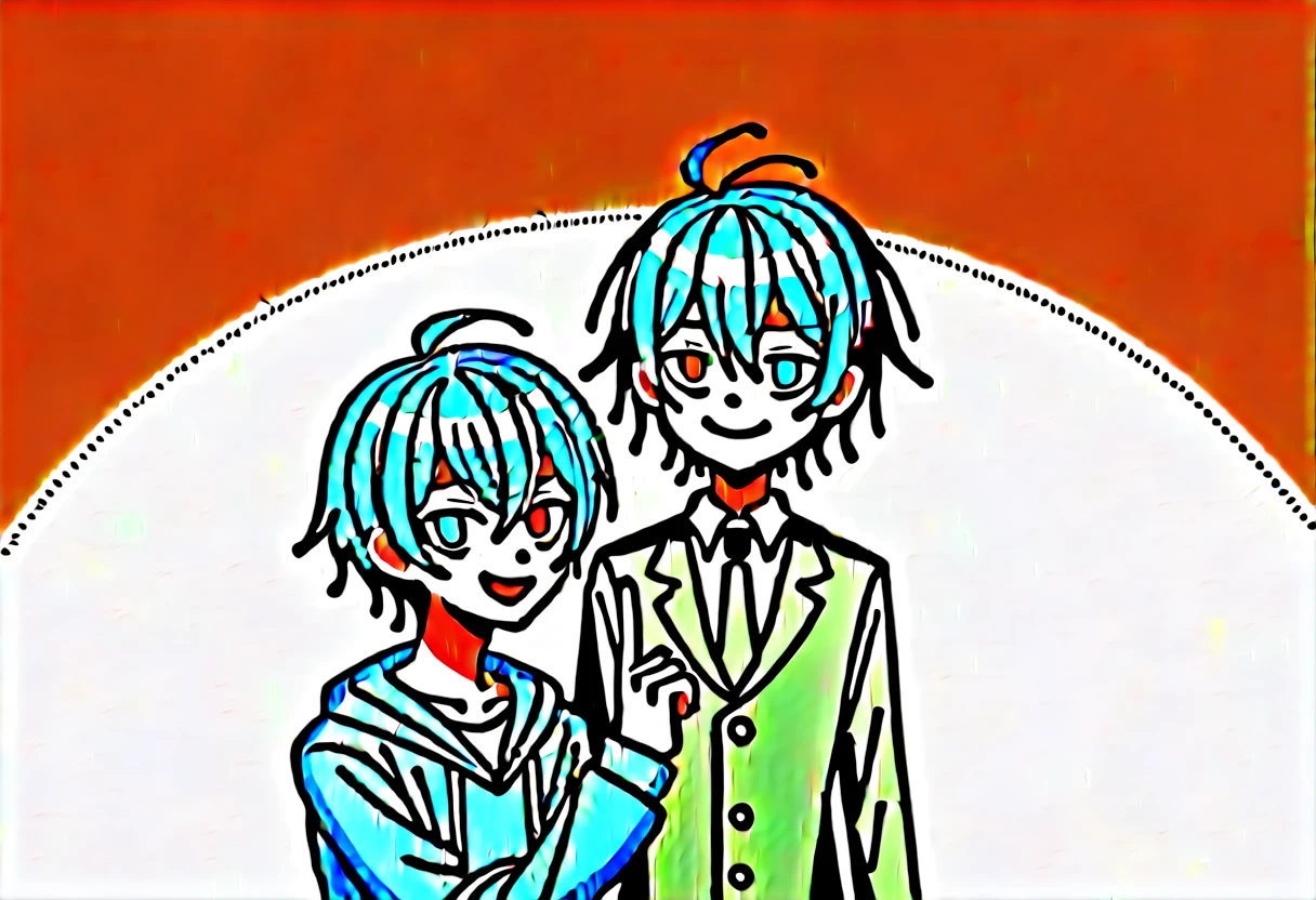 Black suit boy and blue casual suit boy，Smile，Dakaya，Two boys playing，蓝色short hair，short hair，Heterochromia，Dakaya风格，Head-to-body ratio correction，Style Correction，Correct profile picture，Correct finger