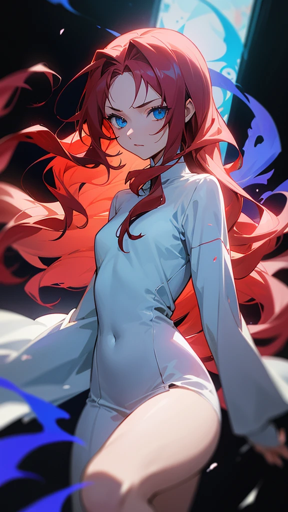 anime character. An 18-year-old female with long red wavy hair and blue eyes, her eyes are sharp. Wearing a plain white dress with a little bloodstain, is in a dark room, with a small fox, a blue flame fox. ufotable studio 