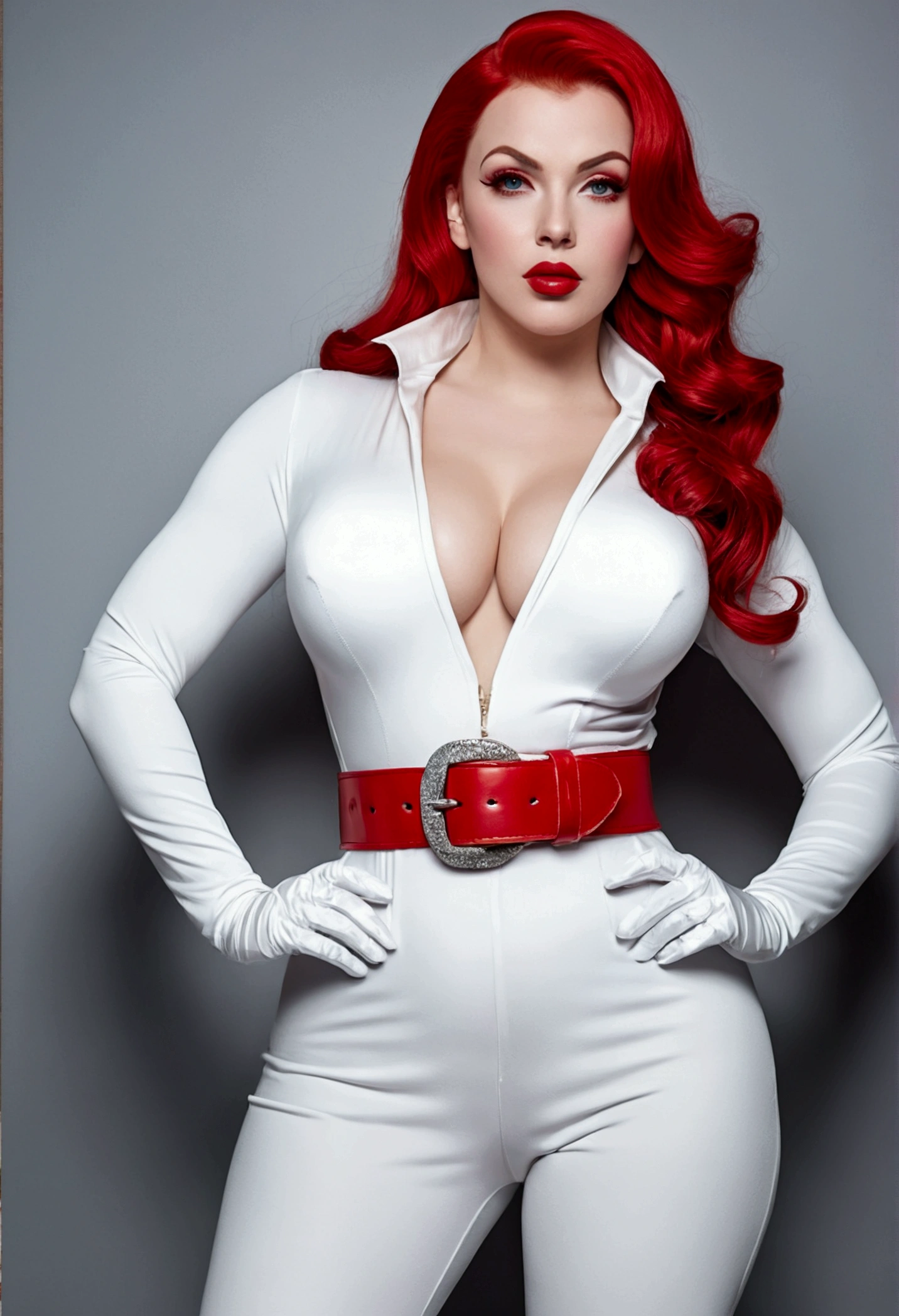 stunning woman in a white jumpsuit with a red belt and red gloves, of power, giant stunning goddess shot, Amouranth as a super villain, full-, thick build, thick body, as a retro futuristic super villain, elegant glamorous , , voluptuous body, advertising , , ((Very detailed eyes and face)))), (((Very detailed face)))), beautiful detailed eyes, voluptuous, big ass, full body, ,(lipstick, RED lips, RED shiny lips, Thick LIPS), Detailed chart