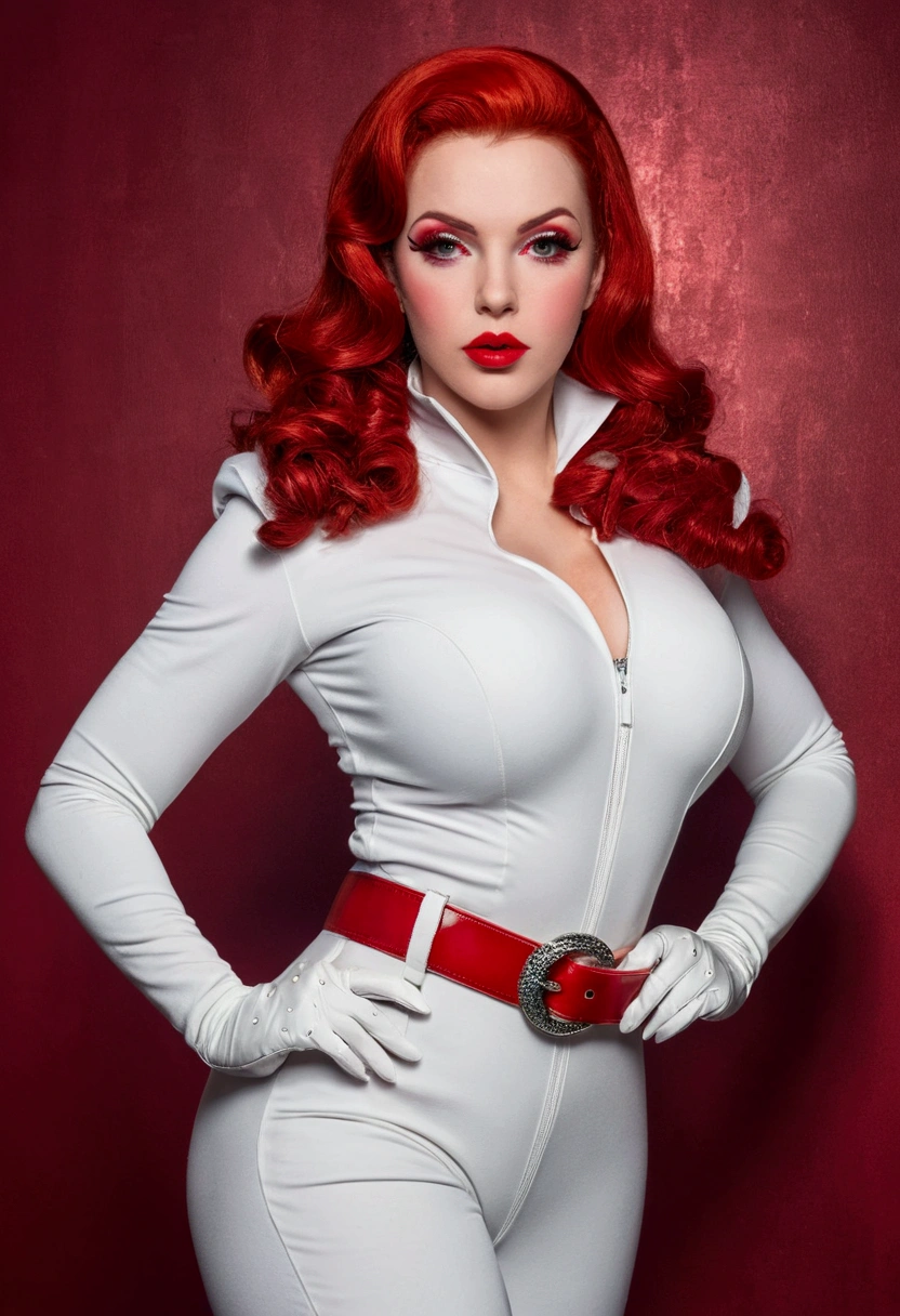 stunning woman in a white jumpsuit with a red belt and red gloves, of power, giant stunning goddess shot, Amouranth as a super villain, full-, thick build, thick body, as a retro futuristic super villain, elegant glamorous , , voluptuous body, advertising , , ((Very detailed eyes and face)))), (((Very detailed face)))), beautiful detailed eyes, voluptuous, big ass, full body, ,(lipstick, RED lips, RED shiny lips, Thick LIPS), Detailed chart