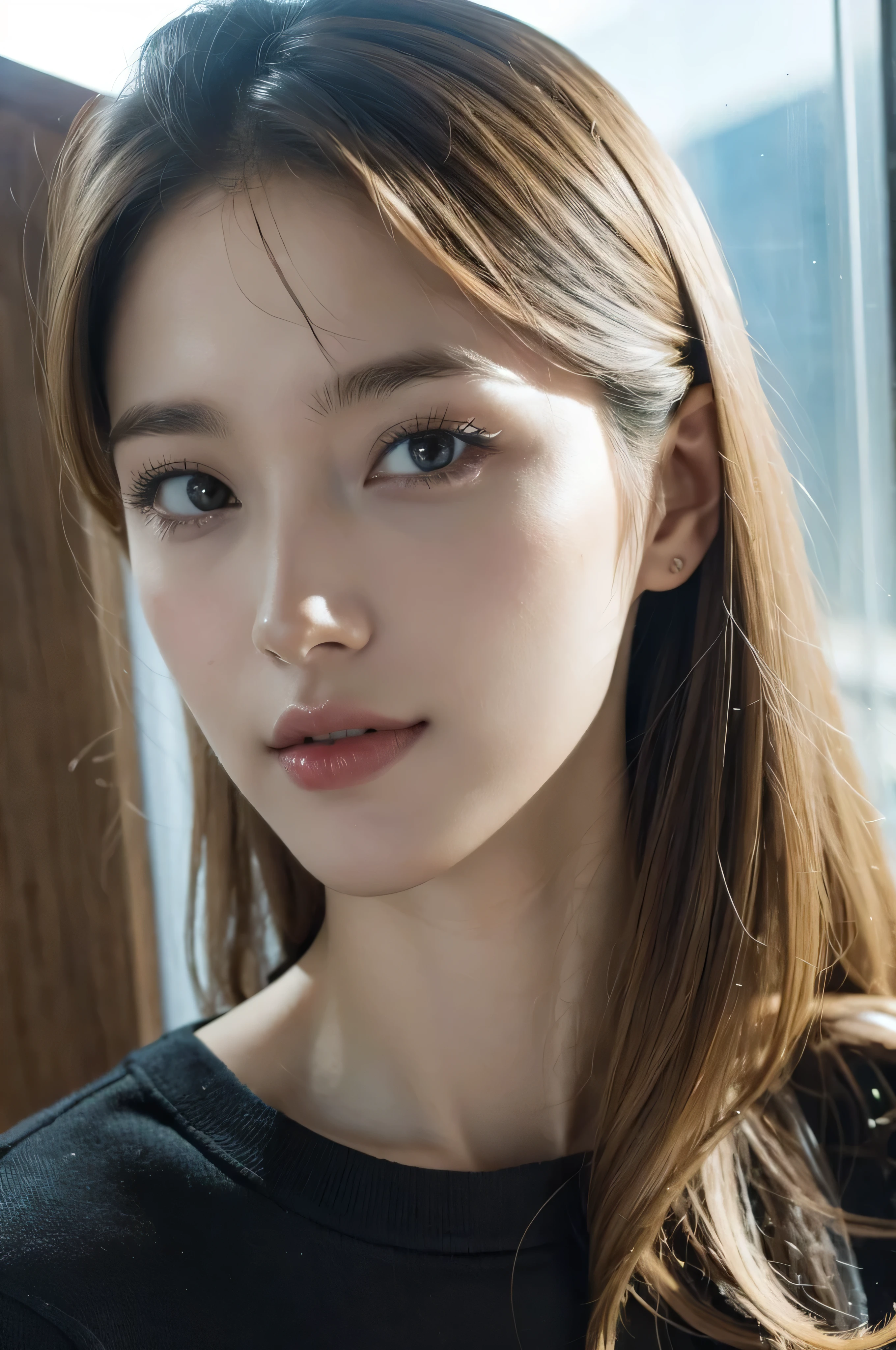 (masterpiece, best quality:1.2, plan éloignée ,photo ultra realiste d'emma, asiatique cheveux blond, full body view, emma regarde la ville depuis son balcon, cheveux noir, très détailée, haute resolution, 4k, visage tres detailled, yeux detaillée, peau detaillée, ultra realist background, ultra realist face, detailed face, no blurring