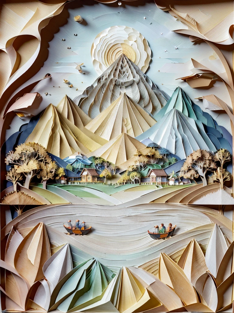 best quality, 4k, 8k, highres, masterpiece:1.2, ultra-detailed, realistic:1.37, soft lighting (warm tone:1.2), watercolor painting, light background, extremely detailed, 3D rendering, indonesian village, pastel, moon, hill, paddy fields (paper_cut:1.15)