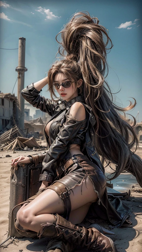 ((masterpiece, highest quality, Highest image quality, High resolution, photorealistic, Raw photo, 8K)), ((Extremely detailed CG unified 8k wallpaper)), (huge stunning goddess shot, very hot and sexy, jaw-dropping beauty, perfect proportions, beautiful body, slim body beauty:1.4), Post-Apocalyptic Wasteland, The world of Mad Max, she wears a leather jacket over his bare skin and holds a shotgun, adderskin eye patch, Collapsed buildings are being swallowed by the desert, Ruins hazed with dust and sand, 