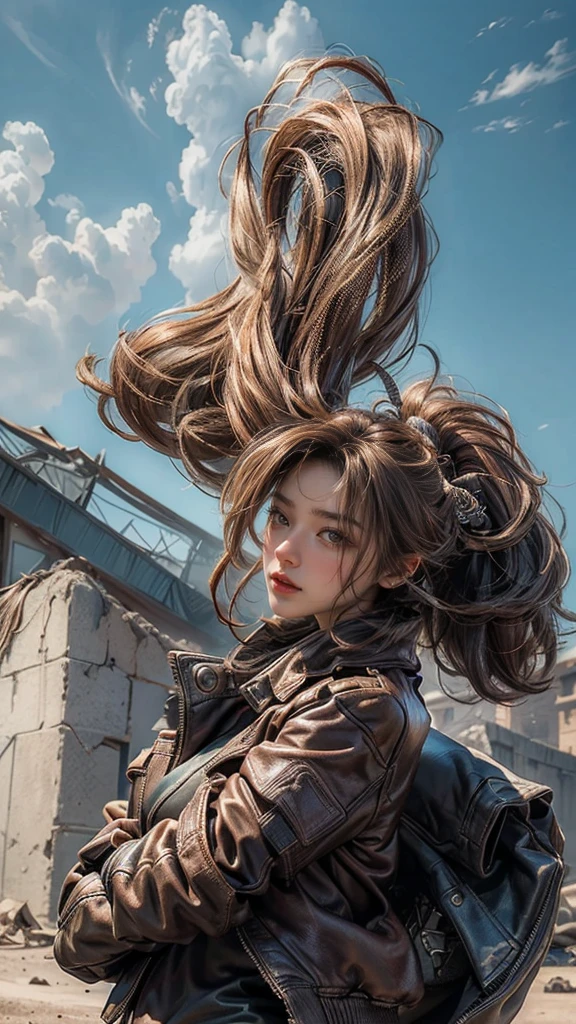 ((masterpiece, highest quality, Highest image quality, High resolution, photorealistic, Raw photo, 8K)), ((Extremely detailed CG unified 8k wallpaper)), (huge stunning goddess shot, very hot and sexy, jaw-dropping beauty, perfect proportions, beautiful body, slim body beauty:1.4), Post-Apocalyptic Wasteland, The world of Mad Max, she wears a leather jacket over his bare skin and holds a shotgun, adderskin eye patch, Collapsed buildings are being swallowed by the desert, Ruins hazed with dust and sand,