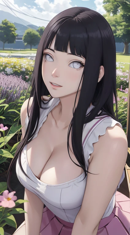 tmasterpiece, hoang lap, hyouka\(Boruto\), 1girll,a mature female, black top,cleavage,Large breasts,tight skirt,exteriors,Lavender flower field, looking at viewert, (Falling petalostly cloudy sky, perfect compositions, Detailed lips,, beauitful face, Body support, Be red in the face, (redish pink lips), long whitr hair, White eyes, Soft gaze, Sad smile, Super realistic, A detailed, photoshoot, Realistick faces and bodies, photo-realistic hair, photorealistic eye,realistic nose,realistic lips , ahegao face , hot pose