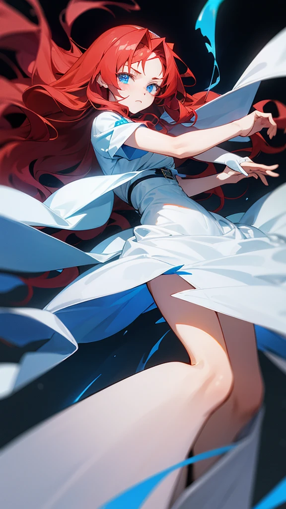 anime character. An 18-year-old female with long red wavy hair and blue eyes, her eyes are sharp. Wearing a plain white dress with a little bloodstain, is in a dark room, with a small fox, a blue flame fox,in her hand. ufotable studio 