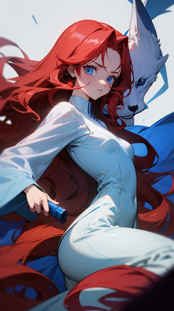 anime character. An 18-year-old female with long red wavy hair and blue eyes, her eyes are sharp. Wearing a plain white dress with a little bloodstain, is in a dark room, with a small fox, a blue flame fox,in her hand. ufotable studio