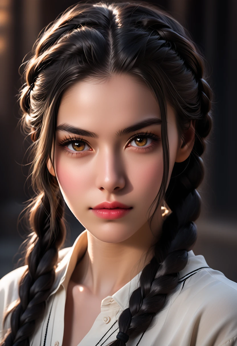 A beautiful young woman with narrowed eyes, a smirk on her face, and long black braided hair, 1girl, detailed facial features, beautiful detailed eyes, beautiful detailed lips, extremely detailed face, long eyelashes, dark braided hair, serious expression, photo-realistic, cinematic lighting, highly detailed, 8k, masterpiece, hyper-realistic, photorealistic, intricate details, dramatic lighting, warm color tones