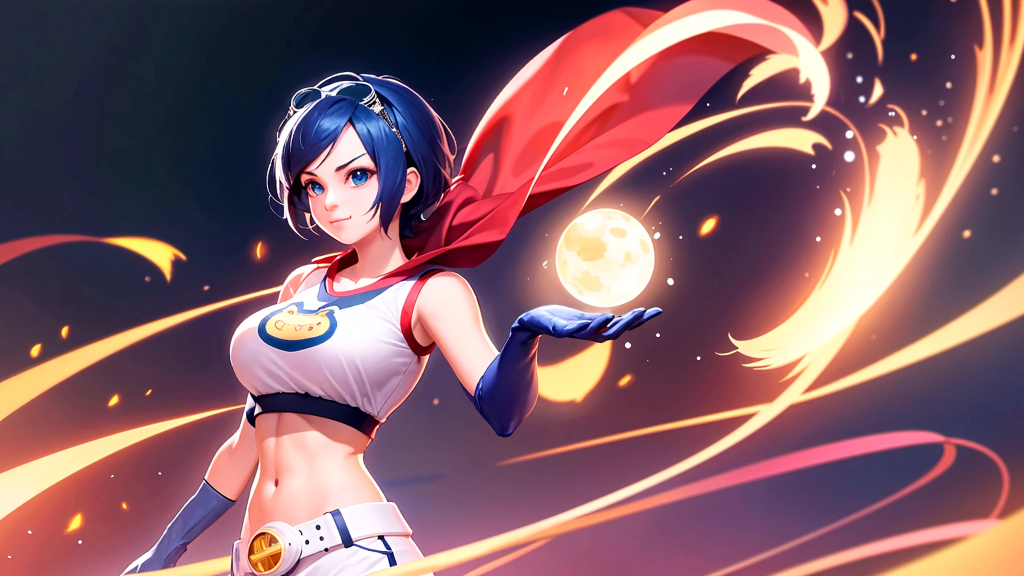 (at night), alone, in a video game scene a background of a beautiful city during the day raining, standing at attention, semi-short blue hair, blouse with an anime frog face, white flared pants, wears blue exercise gloves, has round goggles on her head, WEARS a RED scarf around her neck, huge belt with a round shawl, ((blue hair)), 1 girl, alone, 20 years old, young woman, perfect hands, beautiful fingers, beautiful long legs, beautiful body , beautiful nose, beautiful character design, perfect face, looking at the viewer with serious gesture (focusing on his face), closed mouth, Light_Smile, official art, extremely detailed CG unity 8k wallpaper, perfect lighting, bright and colorful front lighting , shiny skin (masterpiece: 1.0), (best_quality: 1.0), ultra-high resolution, 4K, ultra-detailed photography, 8K, HDR, high resolution, nonsense:1.2, Kodak portra 400, film grain, blurred background, bokeh: 1.2, lens flare, (vibrant_color:1.2), professional photography, (beautiful_face: 1.5), (narrow waist),
