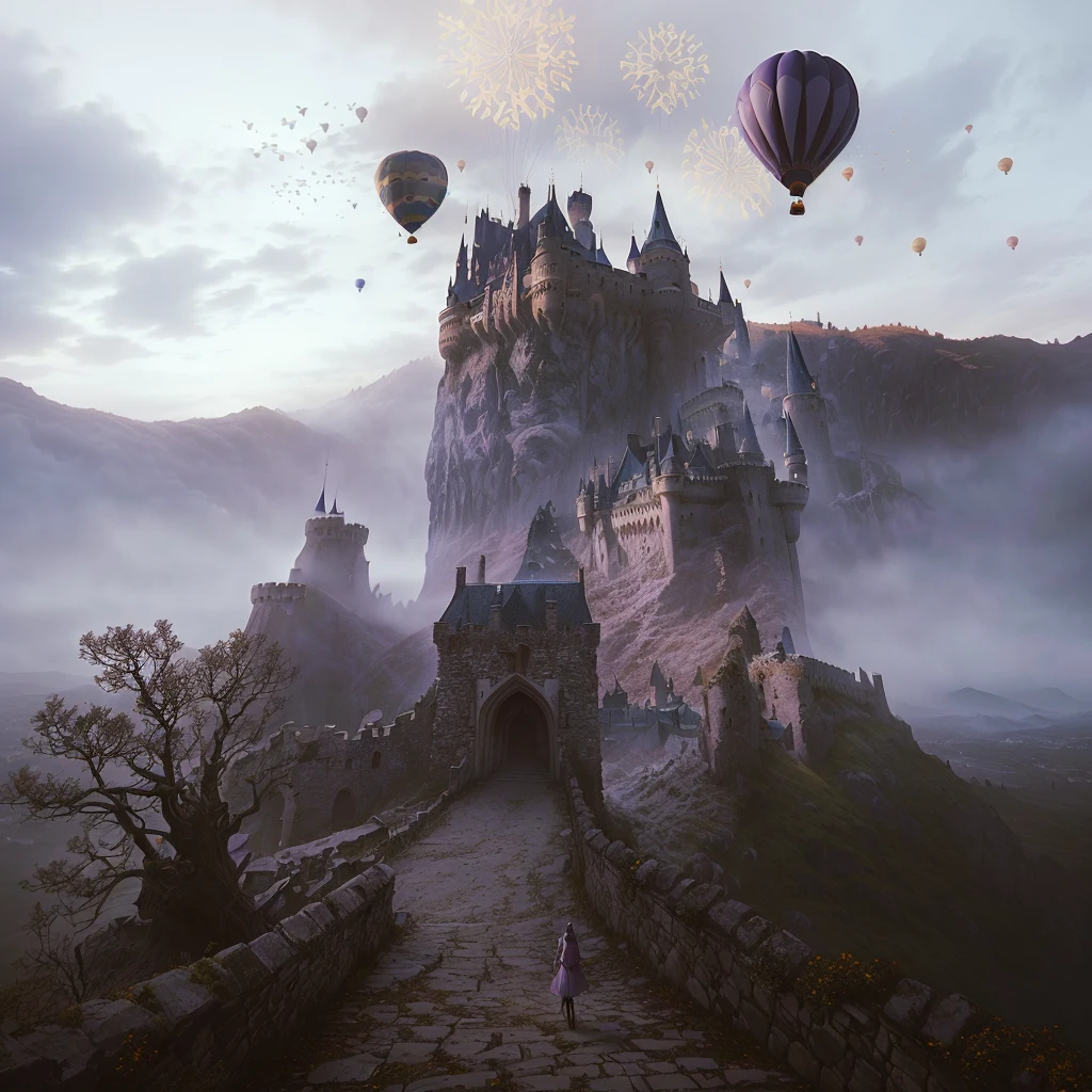 there are many balloons flying over a castle on a hill, beautiful rendering of a fairy tale, castles floating in mid air, misty castle, magic castle, epic castle with tall towers, medieval fantasy landscape, scary castle). mystic, flying castle, scary castle)). mystic, matte painting in fantasy style, dark pastel castle background, fairy tale style background