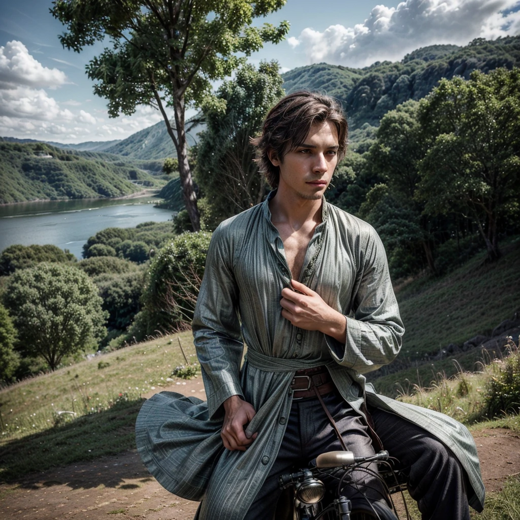 A stunning high-quality photograph of a dashing young man, showcasing his clean face and shaggy hair. He is dressed in intricate, styled clothing inspired by Final Fantasy. The young man is seen gracefully mounting a vintage bicycle on a lush green hillside. Behind him, a shimmering lake reflects the dramatic gray sky. The overall composition harmoniously blends all elements, conveying a sense of expansiveness and cinematic beauty. The level of detail in this 32K, UHD image is truly captivating, demonstrating the power of HDR+ technology., cinematic, masterpiece, best quality, highest resolution