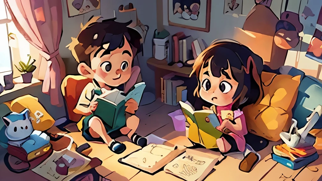 Cartoon illustration of a girl and a boy in a room with toys, a digital painting by Ryan Yee, Artstation contest winner, the girl is reading a book art process, art at artstation, Adorable digital painting, beautiful digital art detallado, Beautiful art style, beautiful digital art, A beautiful artistic illustration., Loish and Goro Fujita, Digital Cartoon Painting Art