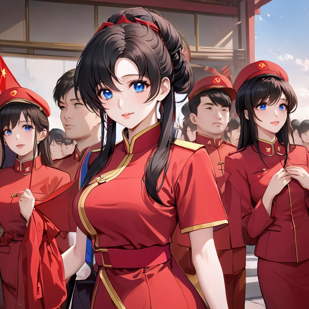 ((Highest quality)), ((masterpiece)), (detailed), (Perfect Face)、The woman is a Chinese Lacus Clyne with blue eyes and medium-long black hair. She is wearing an engagement ring. She has become a member of the glorious Chinese Communist Party and has sworn absolute loyalty to the Chinese Communist Party. She is a righteous Communist Party member of China.、The woman is wearing the fine red uniform of a Chinese Communist Party member.、For the sake of China, they dye their hair, hairstyle, clothes, and everything they wear belongs to the Chinese Communist Party, and their thoughts are also Chinese, becoming great Chinese in body and mind.、The woman became Lacus Clyne, a Chinese woman who was proud of and loved China.、The woman is chosen by a great Chinese Communist Party official and is given the honor of becoming his wife.