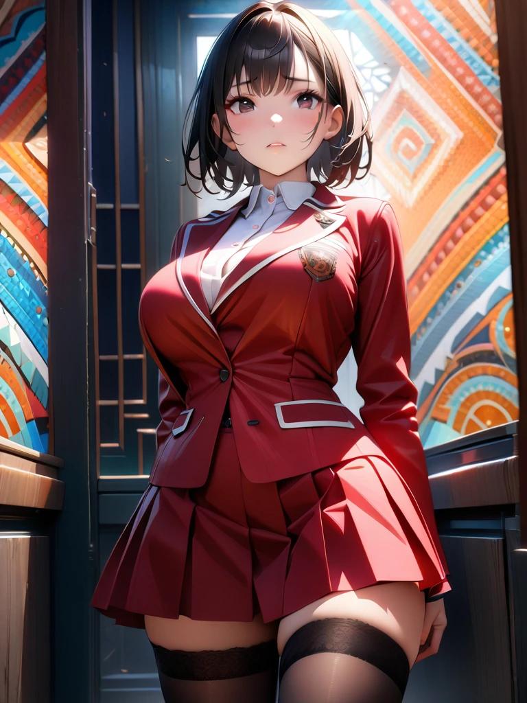 1girl,(Short black hair),(Black eyes),(Big breasts),(School clothes}،(women's stockings),(Red cheeks),(masterpiece:1.5), (8k details:1.3), (unlimited details:1.2), (best eyes:1.4), (ultra clothes details:1.3), (highly detailed background), (vibrant colors), (dynamic lighting), (realistic skin texture), (intricate patterns), (sharp focus), (full-body view), (natural poses), (expressive emotions), (cinematic composition)