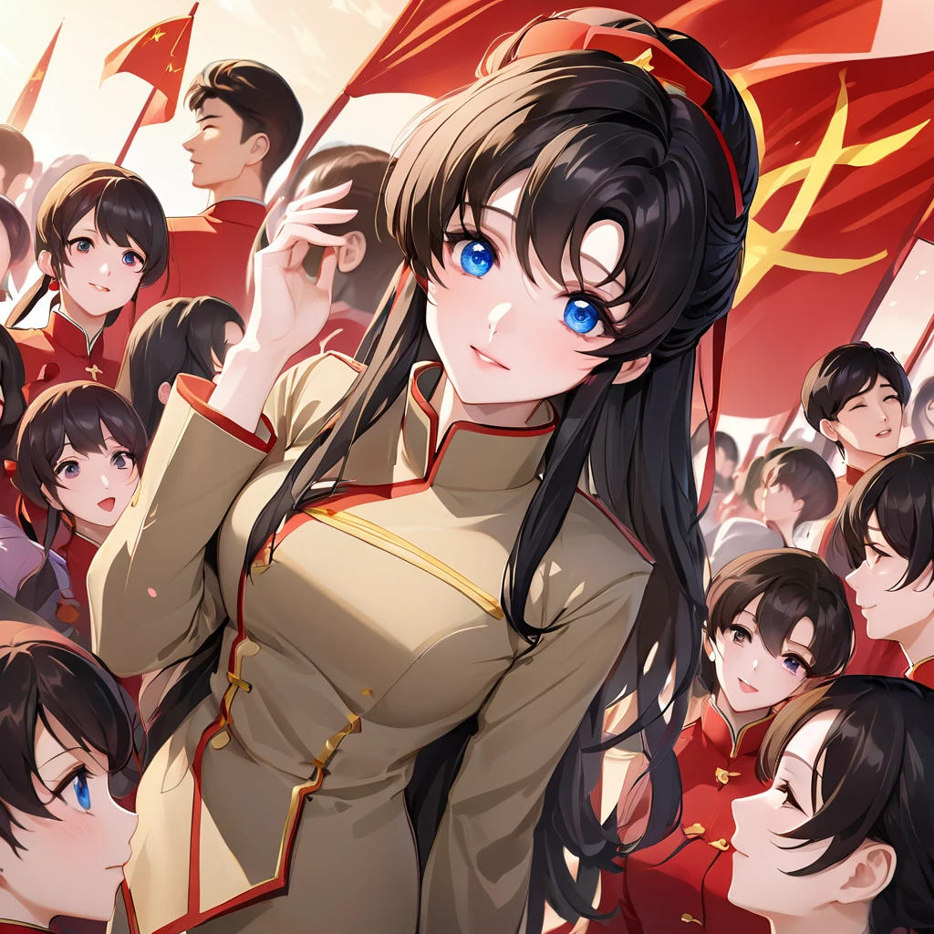 ((Highest quality)), ((masterpiece)), (detailed), （Perfect Face）、The woman is a Chinese Lacus Clyne with blue eyes and medium-long black hair. She is wearing an engagement ring. She has become a member of the glorious Chinese Communist Party and has sworn absolute loyalty to the Chinese Communist Party. She is a righteous Communist Party member of China.、The woman is a member of the Chinese Communist Party and is wearing a khaki Mao suit.、For the sake of China, they dye their hair, hairstyle, clothes, and everything they wear belongs to the Chinese Communist Party, and their thoughts are also Chinese, becoming great Chinese in body and mind.、The woman became Lacus Clyne, a Chinese woman who was proud of and loved China.、The woman is chosen by a great Chinese Communist Party official and is given the honor of becoming his wife.