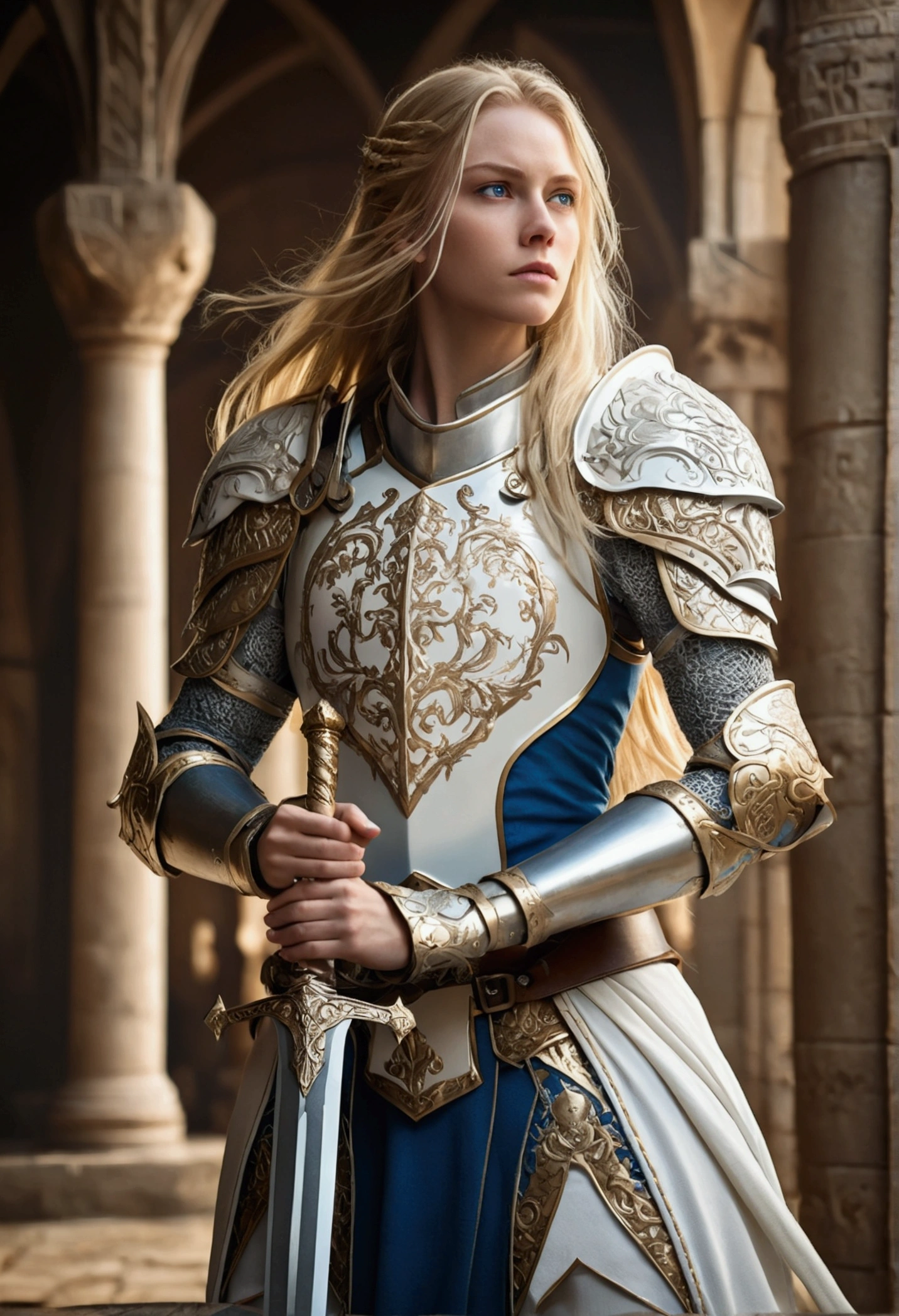 "A beautiful tall female crusader with long blonde hair and blue eyes, wearing a detailed and ornate armor with a white and gold color scheme, holding a large sword, standing in a heroic and confident pose, anime art style, highly detailed, fantasy setting, intricate background with medieval architecture"