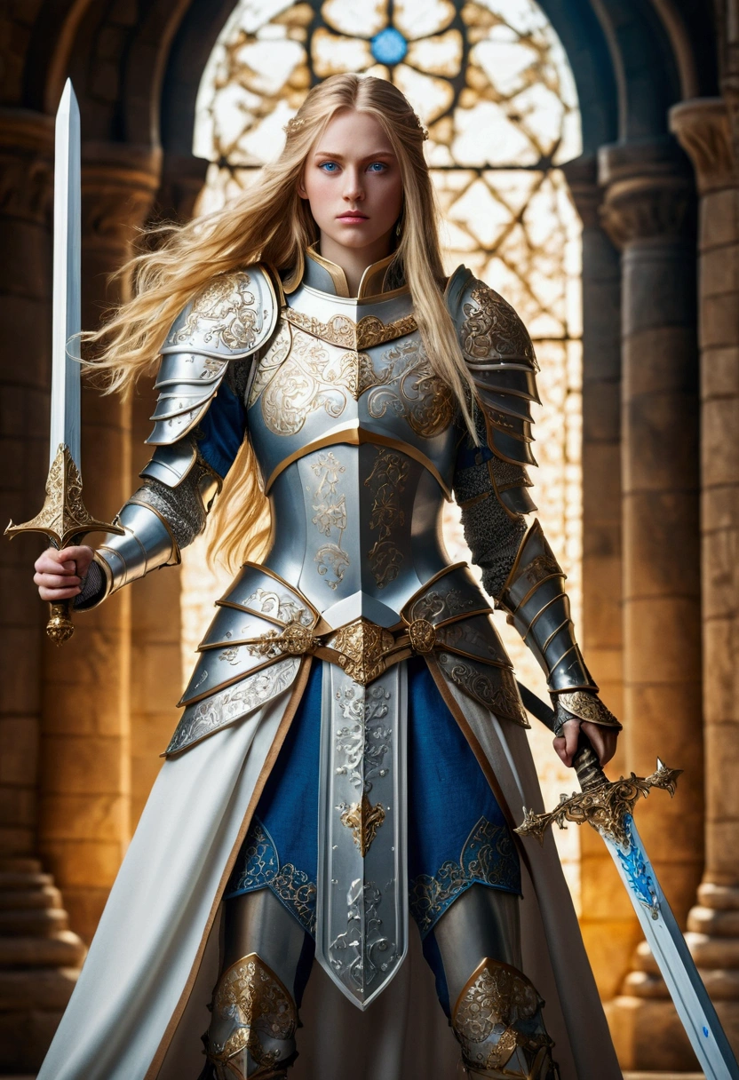 "A beautiful tall female crusader with long blonde hair and blue eyes, wearing a detailed and ornate armor with a white and gold color scheme, holding a large sword, standing in a heroic and confident pose, anime art style, highly detailed, fantasy setting, intricate background with medieval architecture"