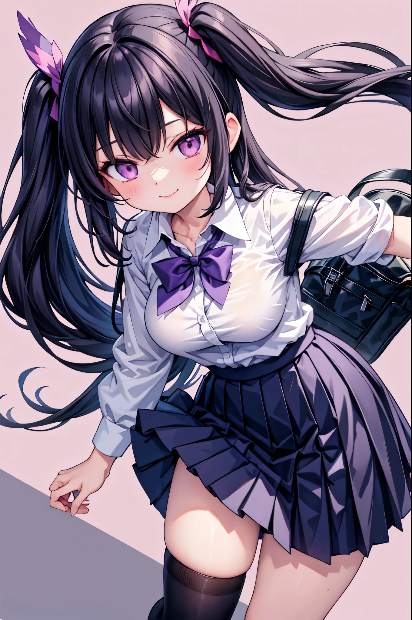 high resolution,smile,woman,woman1人,adult,cute, Black Hair,BREAK, Purple eyes,BREAK,
high school girl,uniform,White shirt,Navy blue pleated skirt,Black knee-high socks,BREAK,
Facing forward,BREAK,Pink background,