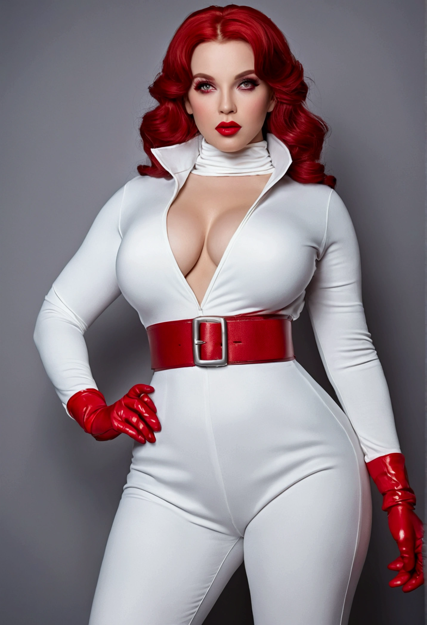 stunning woman in a white jumpsuit with a red belt and red gloves, of power, giant stunning goddess shot, Amouranth as a super villain, full-, thick build, thick body, as a retro futuristic super villain, elegant glamorous , , voluptuous body, advertising , , ((Very detailed eyes and face)))), (((Very detailed face)))), beautiful detailed eyes, voluptuous, big ass, full body, ,(lipstick, RED lips, RED shiny lips, Thick LIPS), Detailed chart