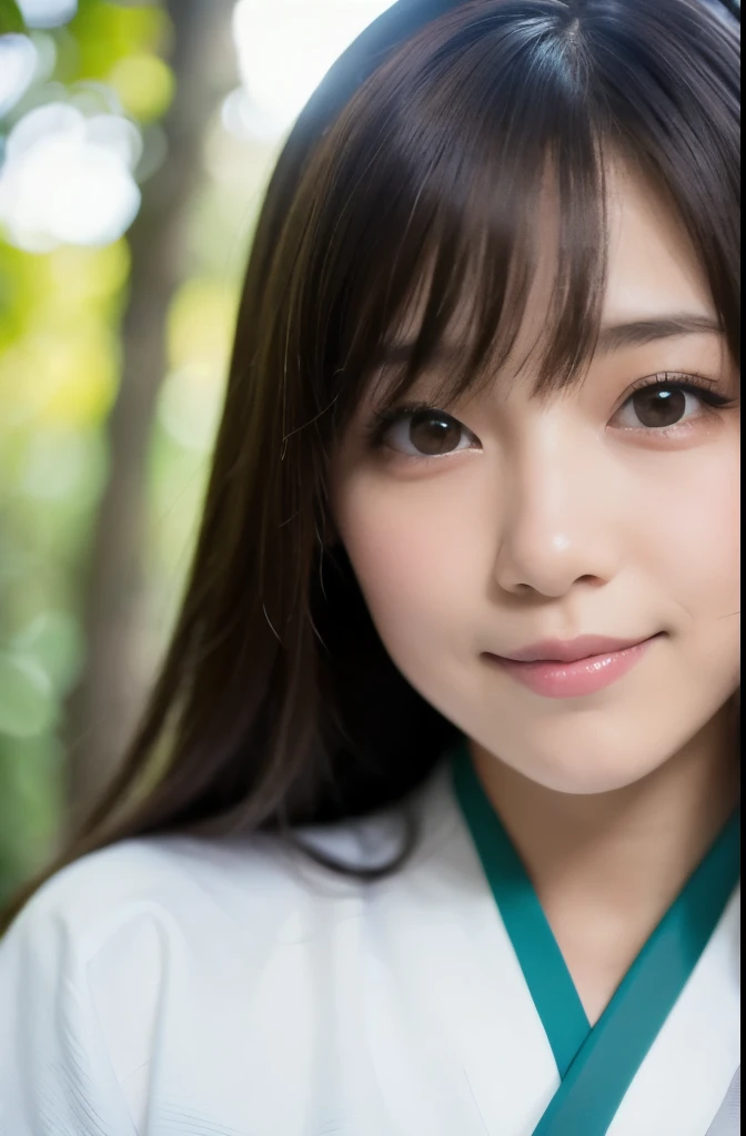 best quality, face focus, soft light, ultra high res, (photorealistic:1.4), RAW photo,(Shinozaki Ai),
1japanese girl, solo, cute, kawaii, smile, (pupil, lights in the eyes),  detailed beautiful face, (Medium-sized breasts),(high resolution detail of human skin texture),(long hair),(portrait), Face up, white traditional kimono, in the forest,