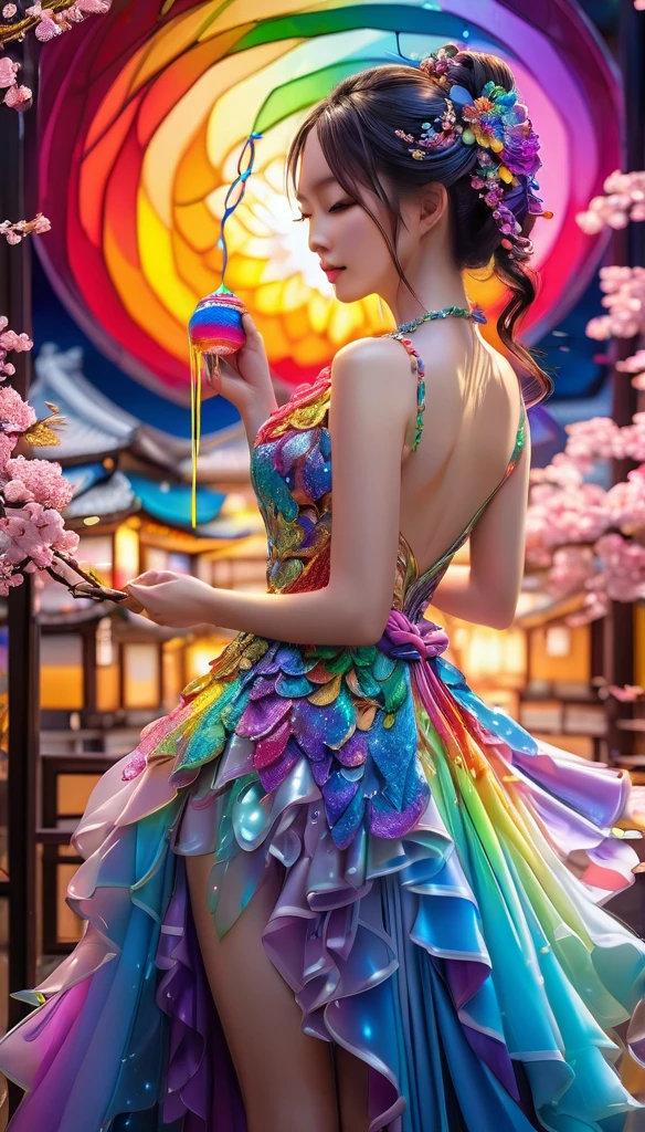 Beautiful Japanese Women, The wax dress melts and drips off her body. (masterpiece: 1.2), (Highest quality), 4K, Very detailed, (Dynamic configuration: 1.4), Very detailed, Colorful details, (Rainbow colors: 1.2), (Bright lighting, Atmospheric lighting), dream-like, Magic, (alone: 1.2)  