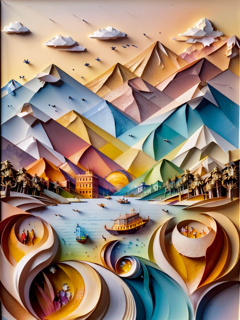 best quality, 4k, 8k, highres, masterpiece:1.2, ultra-detailed, realistic:1.37, soft lighting (warm tone:1.2), watercolor painting, light background, extremely detailed, 3D rendering, futuristic city, Vivid colors, sunset, (paper_cut:1.15)